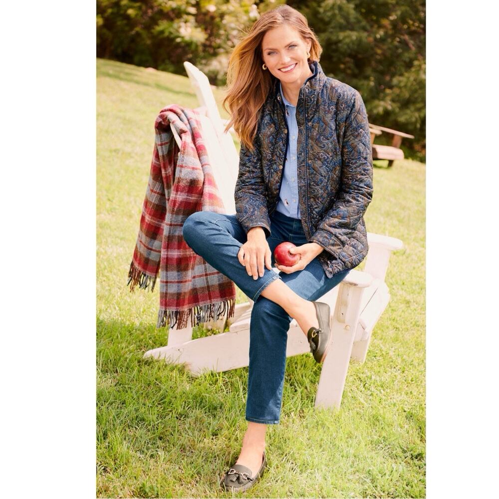 Talbots Quilted Barn Jacket Blue Paisley snap front Size XL Petite Cottage Core